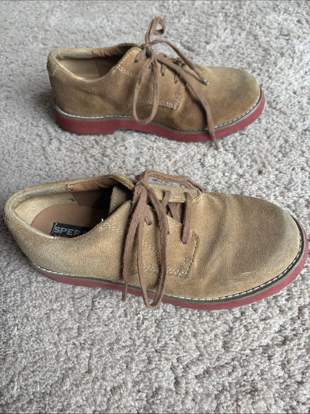 Sperry Men’s Tan Suede Boat Shoes with Red-Brown Sole